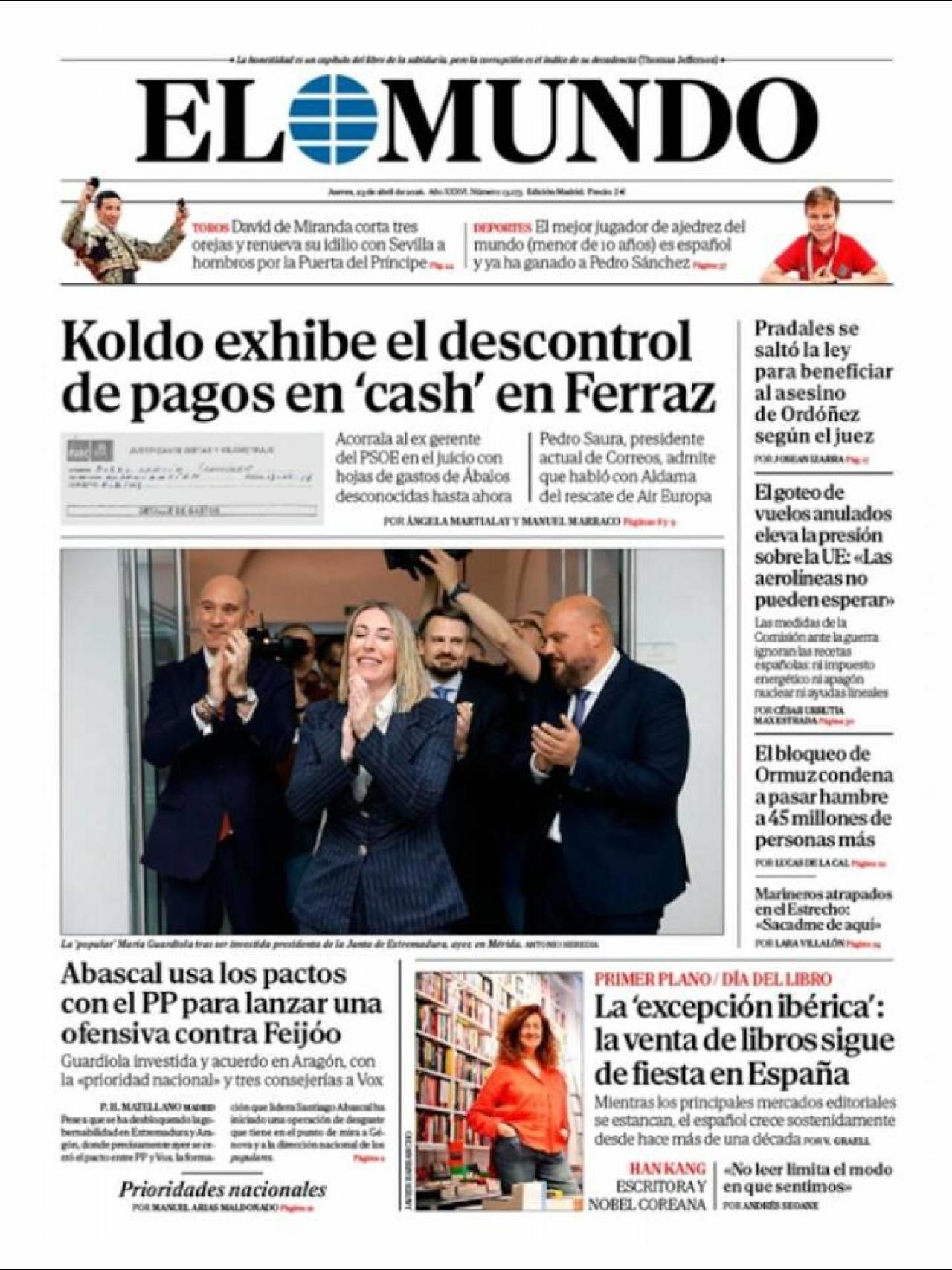 Portada de 'El Mundo' el 23 d'abril