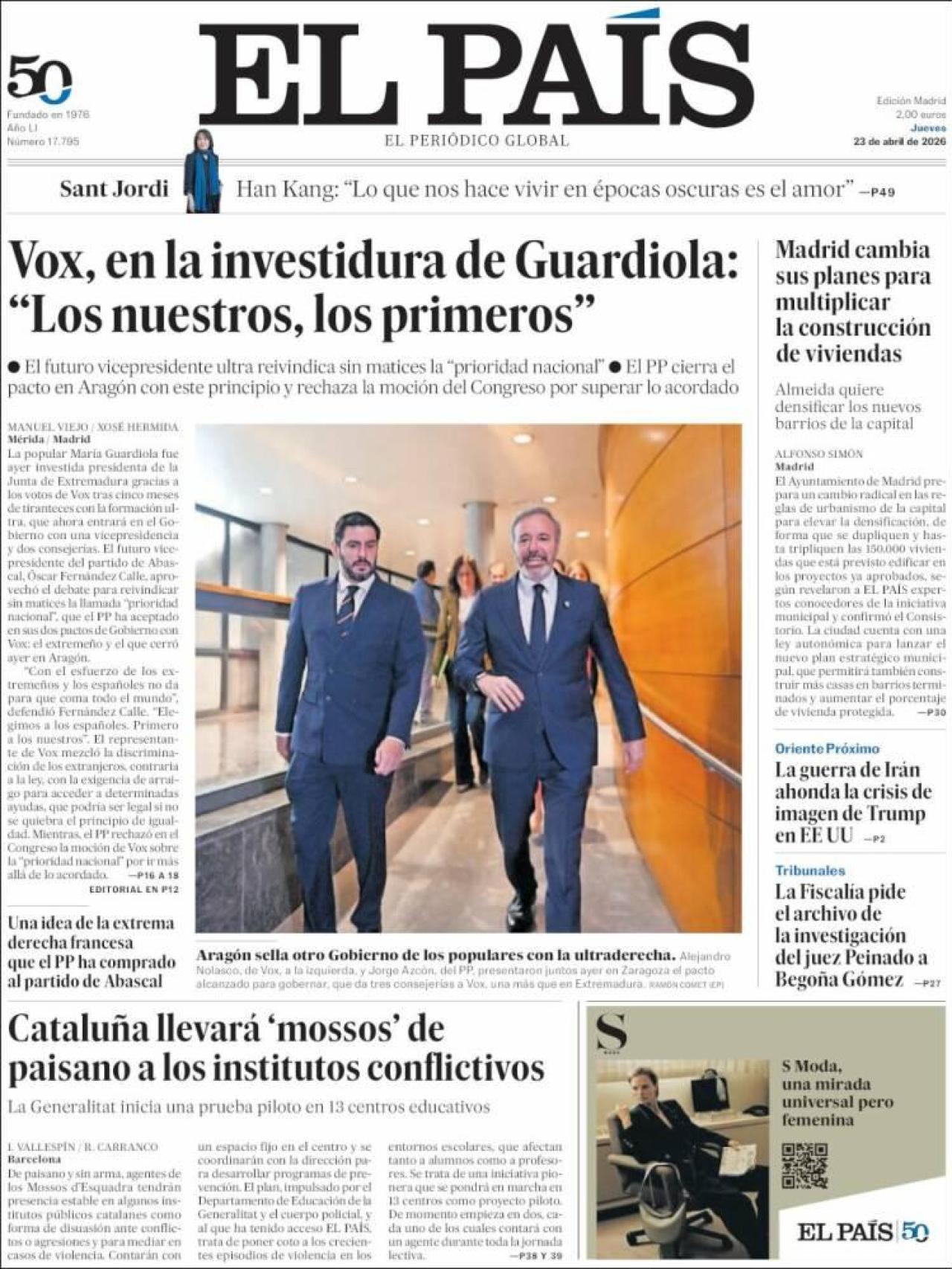 Portada de 'El País' el 23 d'abril