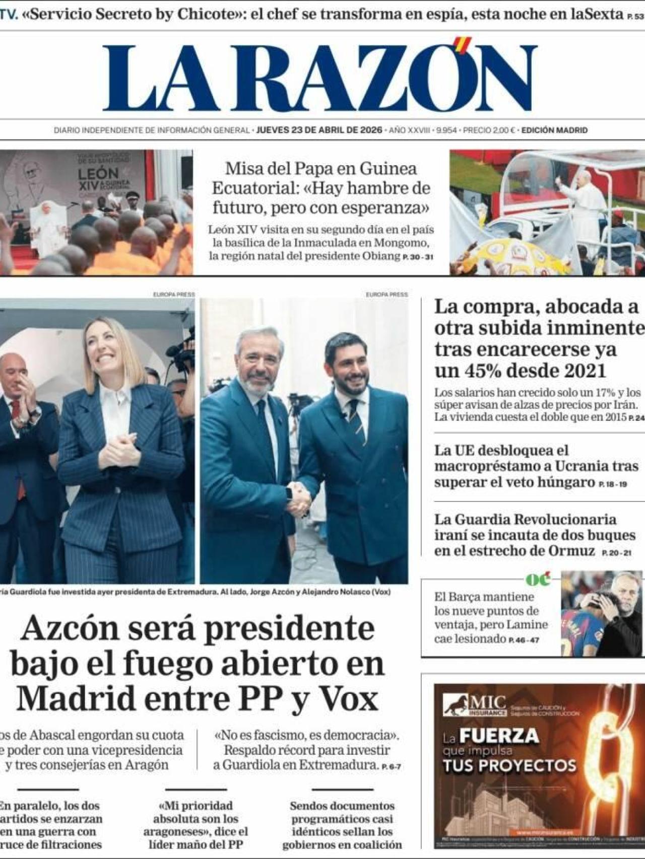 Portada de 'La Razón' el 23 d'abril