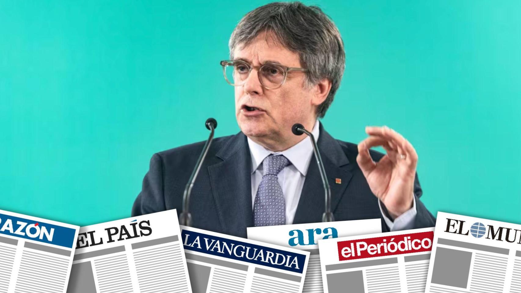 El presidente de Junts per Catalunya, Carles Puigdemont (C), ofrece declaraciones a los medios, a 24 de enero de 2026, en Perpiñán (Francia)