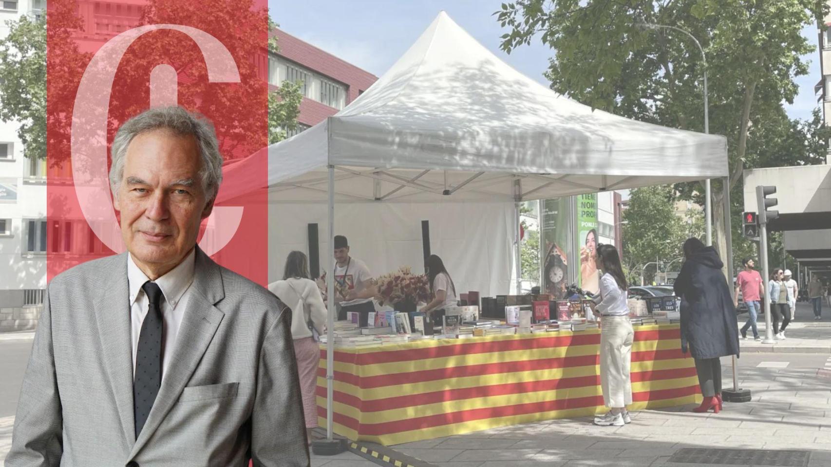 Ignacio Vidal-Folch y un puesto de libros y rosas frente a la sede del Govern en Madrid