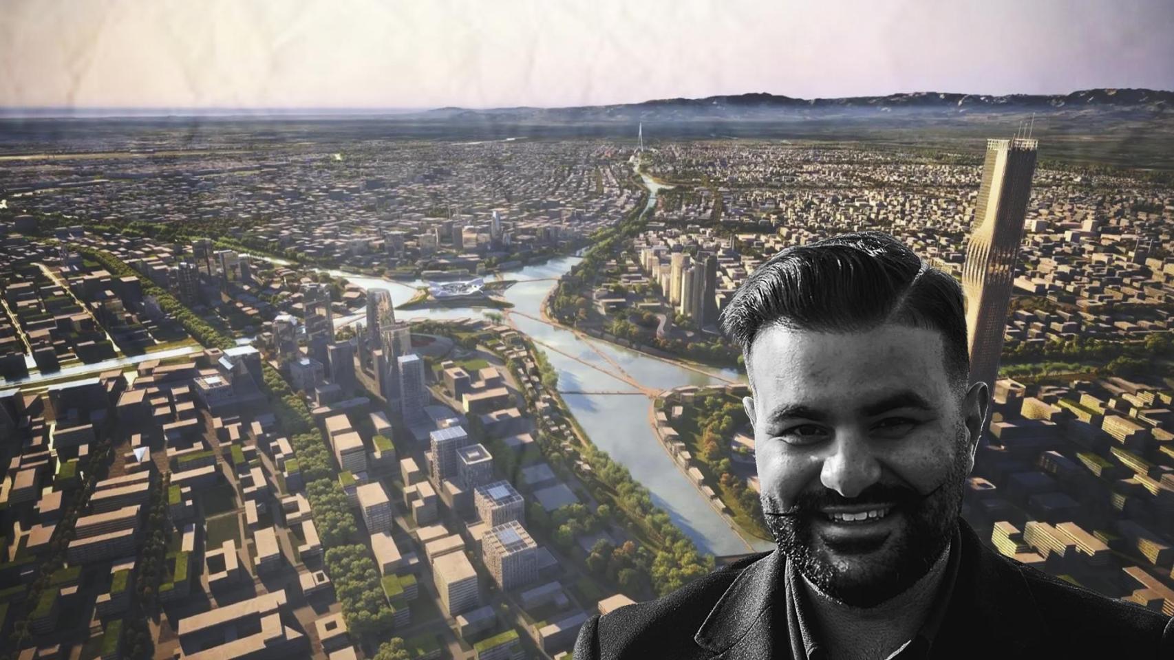 Sedrak Petrosyan con el proyecto de la 'Nueva Tashkent' de fondo