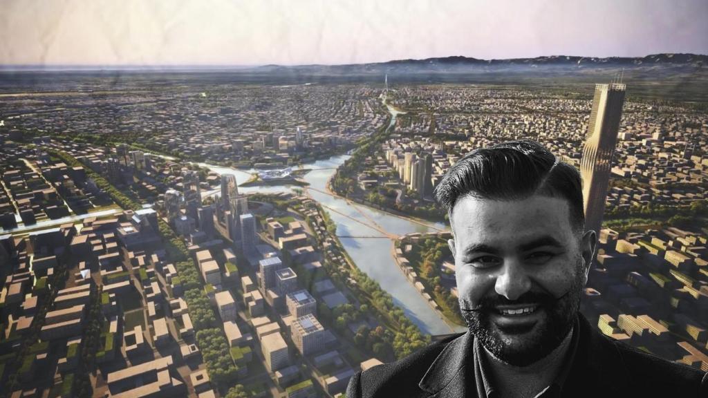 Sedrak Petrosyan con el proyecto de la 'Nueva Tashkent' de fondo