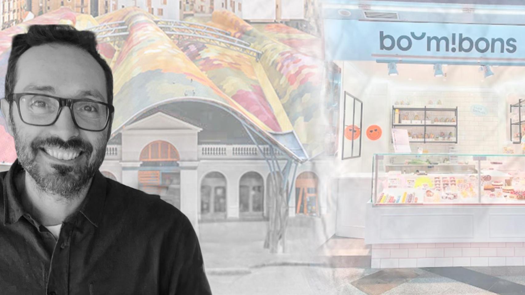 Fotomontaje de Guillem Maragall, su tienda de chocolate y Santa Caterina