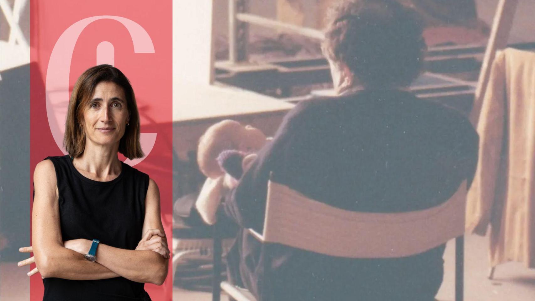 Andrea Rodés y una imagen del cineasta Jaime Camino, sosteniendo a su hijo Teo en el rodaje de la película 'El largo invierno'