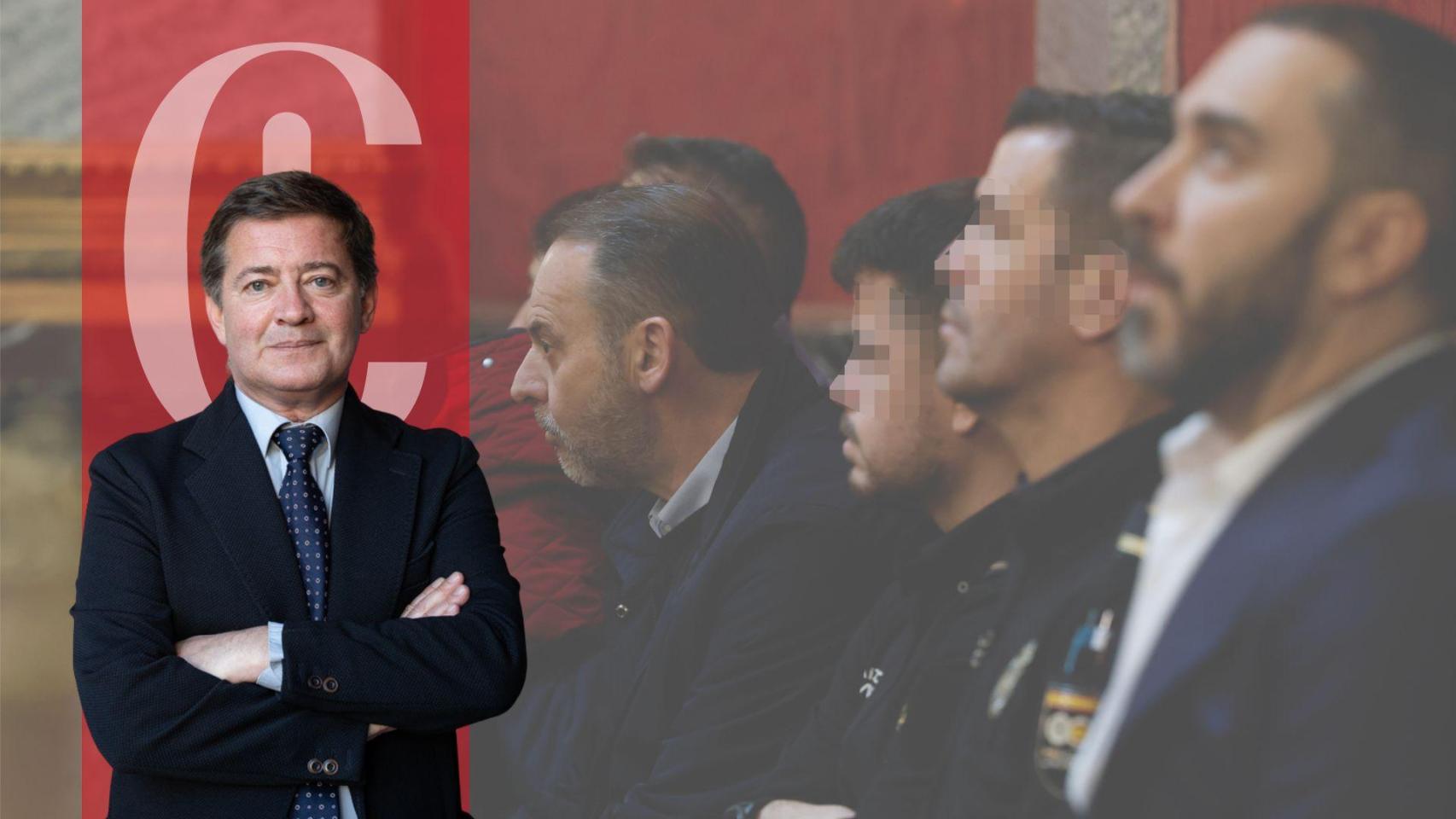 Gonzalo Baratech y una imagen de Aldama, Ábalos y Koldo en el juicio del 'caso mascarillas'