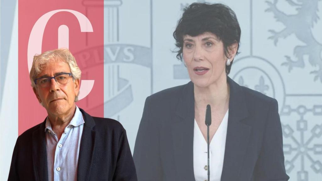Toni Bolaño y una imagen de la ministra de Inclusión, Seguridad Social y Migraciones de España, Elma Saiz