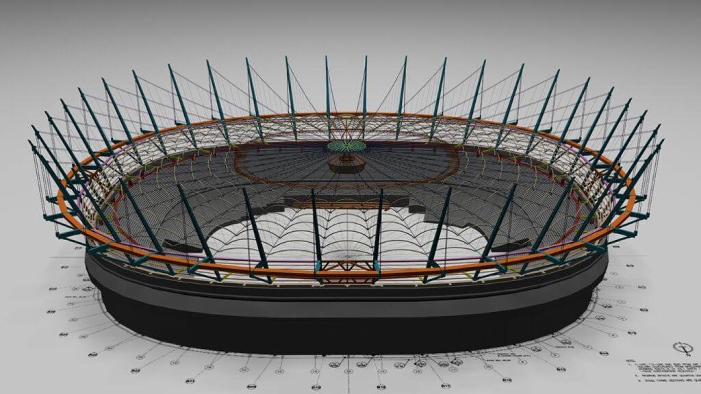 Un plano de construcción del BC Place Vancouver que muestra los 36 mástiles que soportan los cables