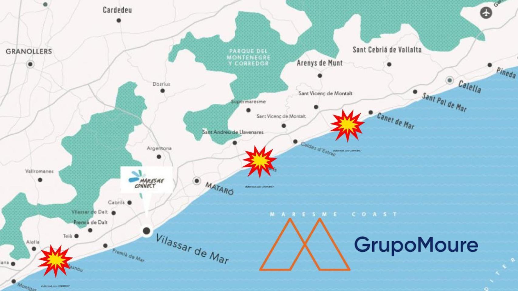 Costa del Maresme con los puertos en liza y el logo de Grupo Moure