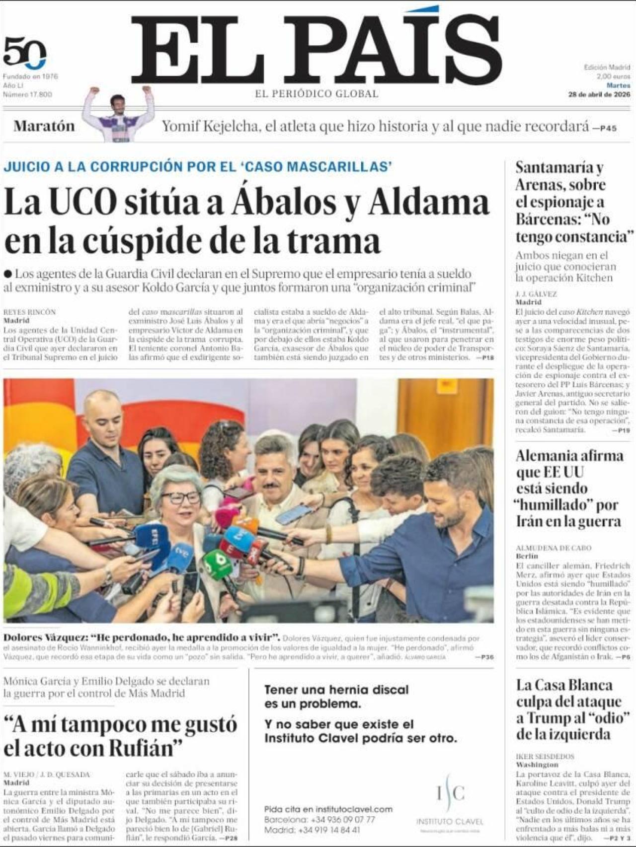 Portada de 'El País' del 28 de abril