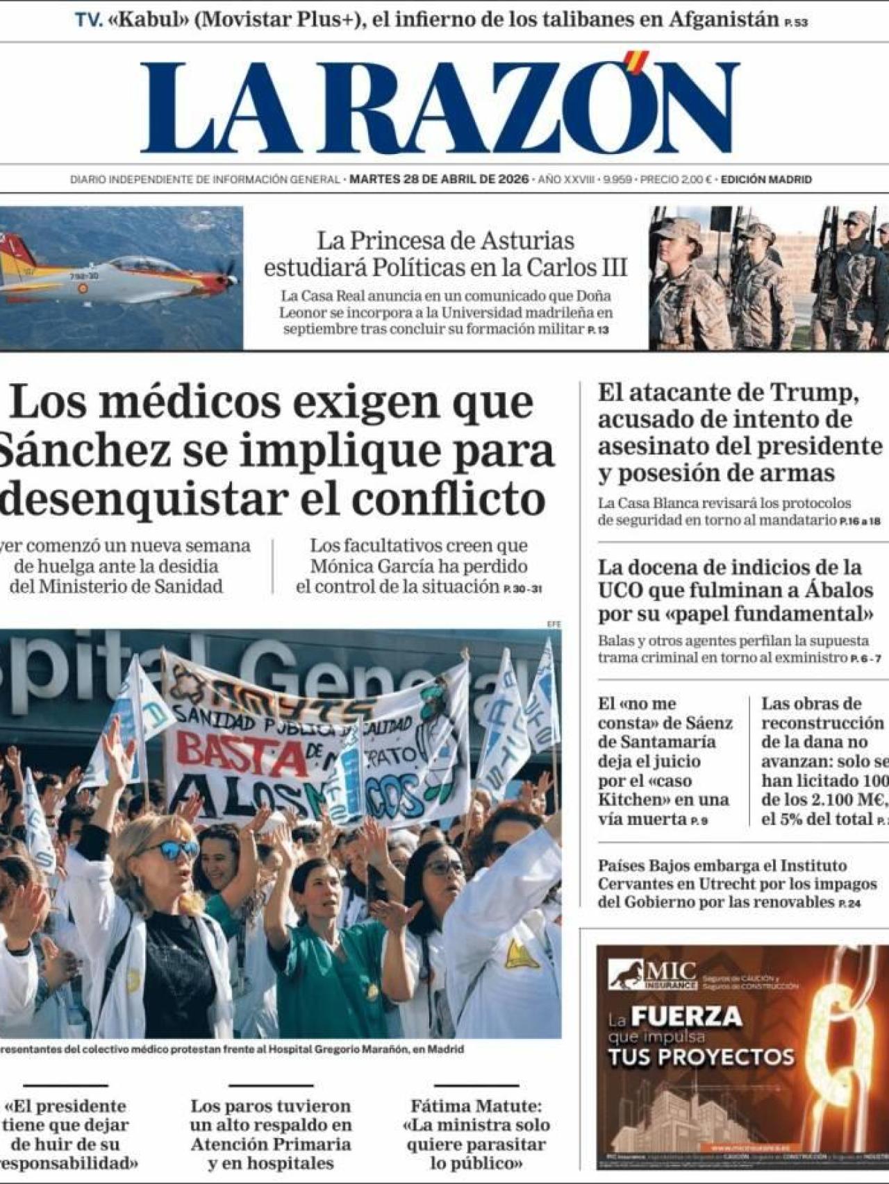 Portada de 'La Razón' del 28 d'abril