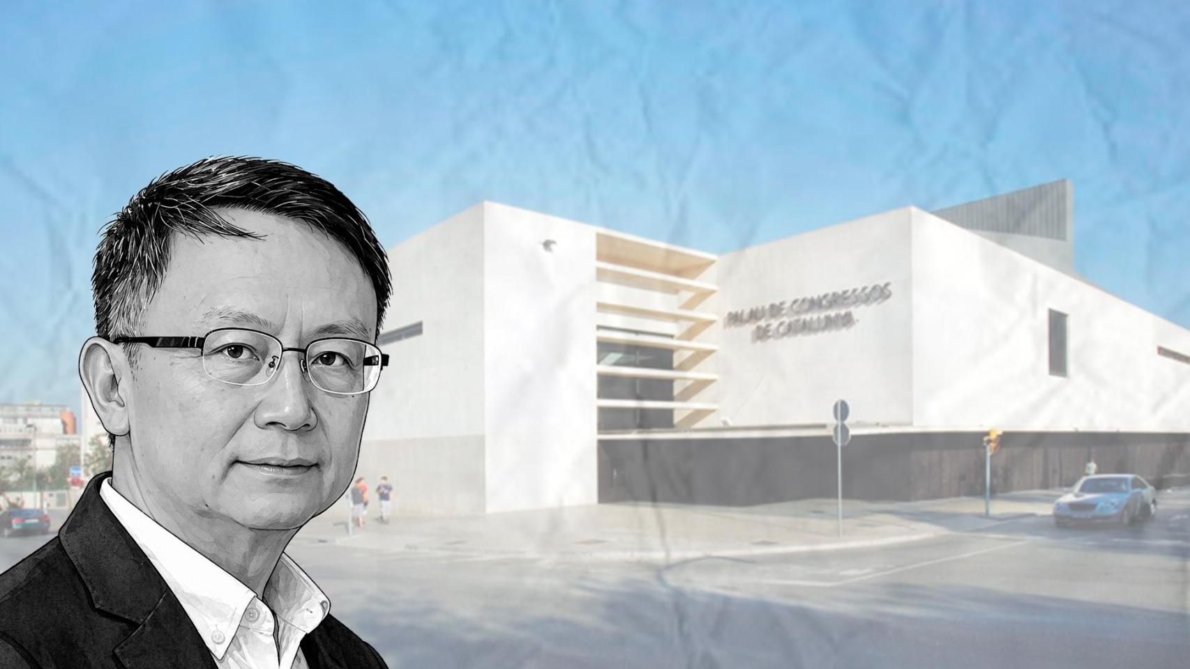 Caricatura del profesor Jia Qingguo y el Palau de Congressos de fondo