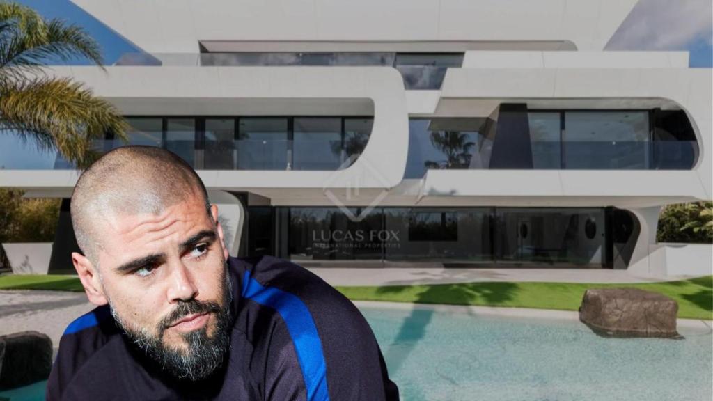 Víctor Valdes con su mansión de fondo en un fotomontaje