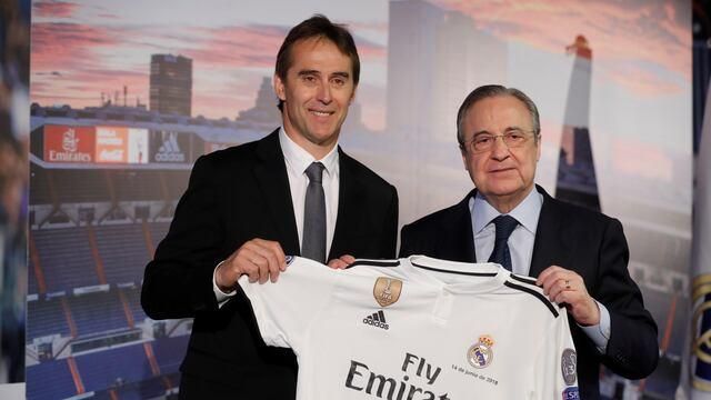 Florentino Pérez posa al costat de Julen Lopetegui després d'anunciar el seu fitxatge pel Reial Madrid
