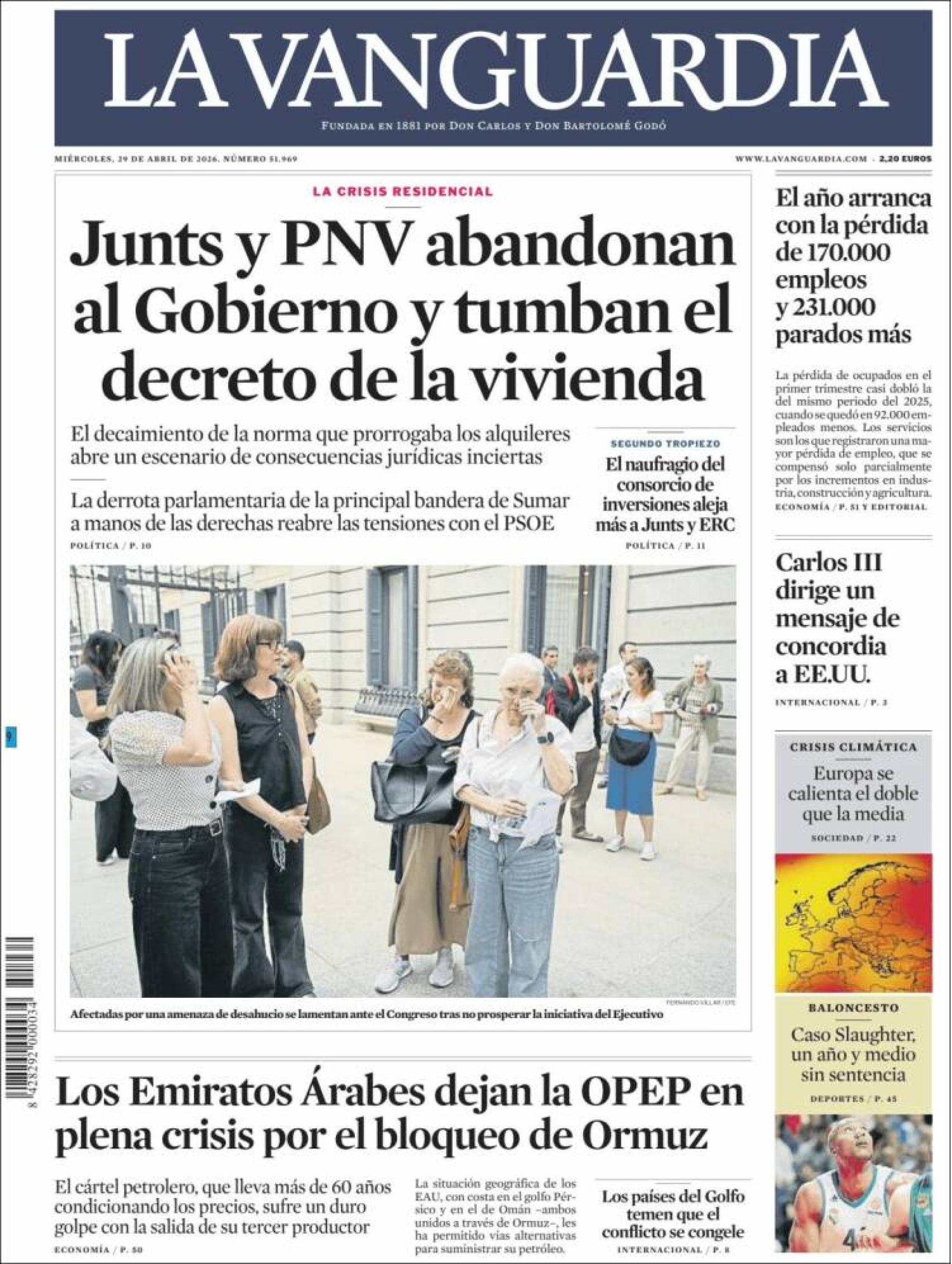 Portada de La Vanguardia el 29 d'abril