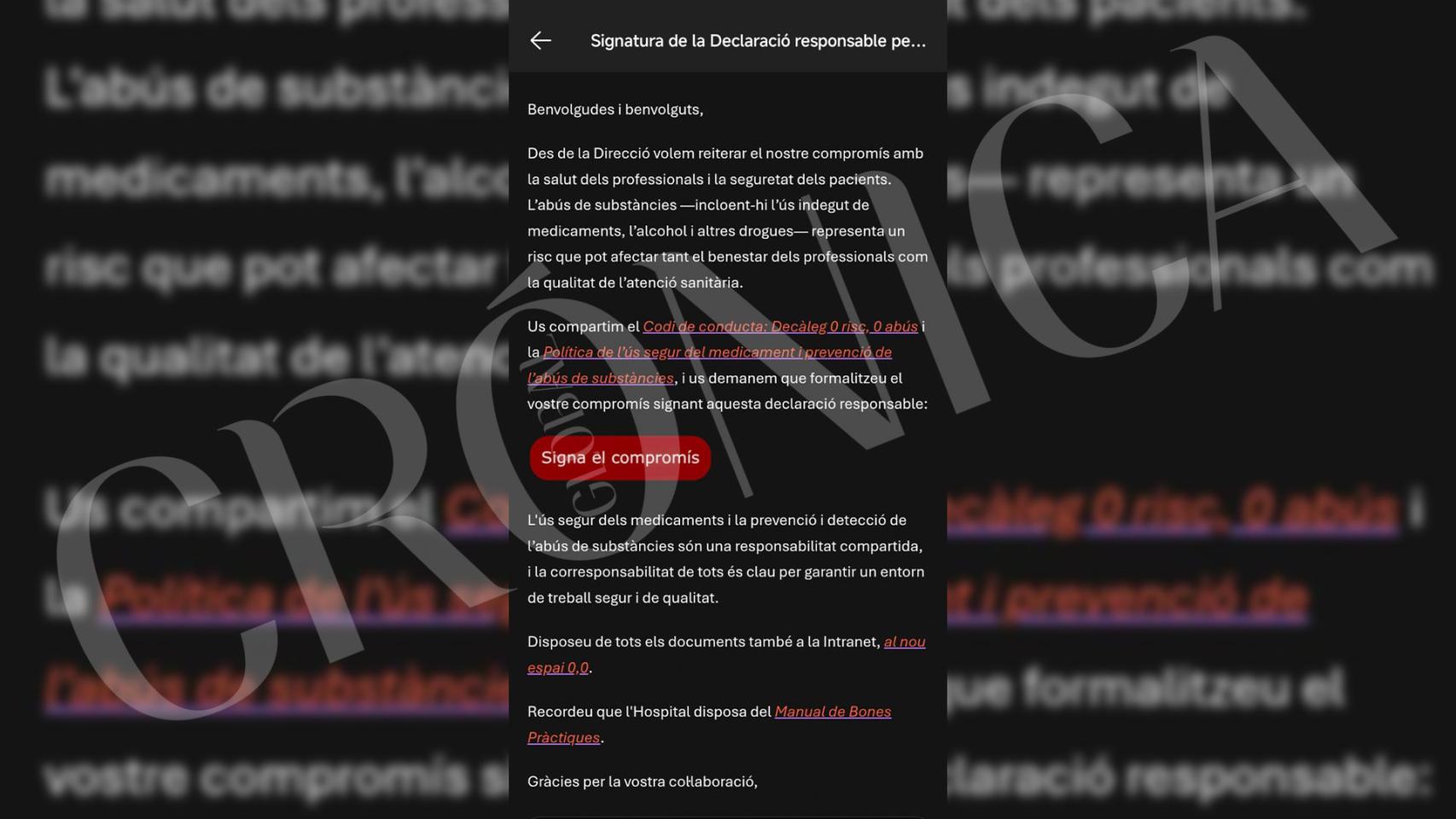 Circular enviada a los trabajadores del Hospital Universitari de Bellvitge