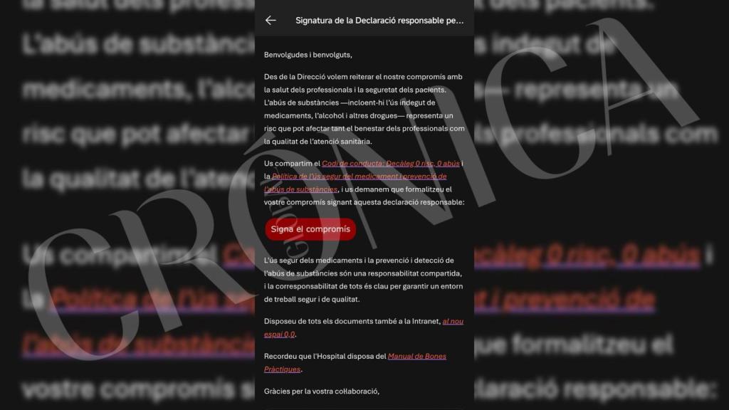 Circular enviada a los trabajadores del Hospital Universitari de Bellvitge