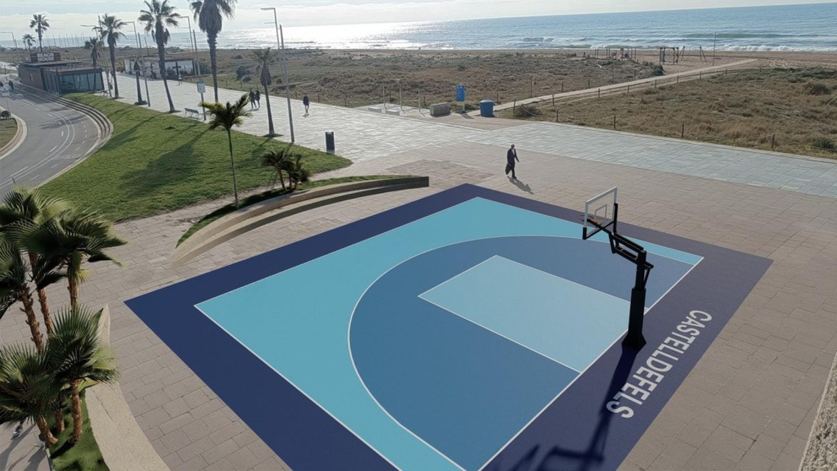 Un render de la nueva pista 3x3 de baloncesto en la playa de Castelldefels