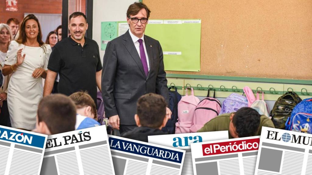 El president de la Generalitat, Salvador Illa, y la consellera de Educación, Esther Niubó (i), durante la visita a la escuela Ponent por el inicio del curso en Granollers