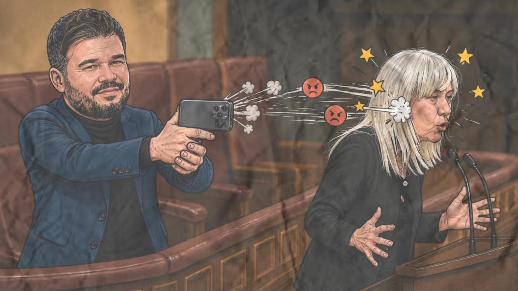 Fotomontaje caricaturizado de Gabriel Rufián (ERC) y Marta Madrenas (Junts) en el Congreso de los Diputados