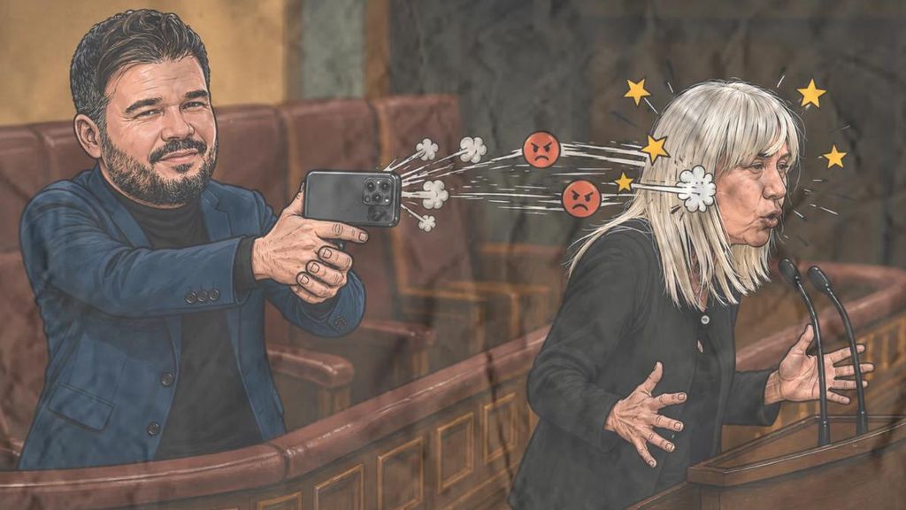 Fotomontaje caricaturizado de Gabriel Rufián (ERC) y Marta Madrenas (Junts) en el Congreso de los Diputados