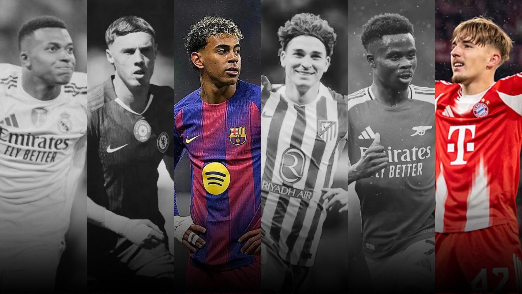Kylian Mbappé, Cole Palmer, Lamine Yamal, Julián Álvarez, Bukayo Saka y Lennart Karl en un montaje