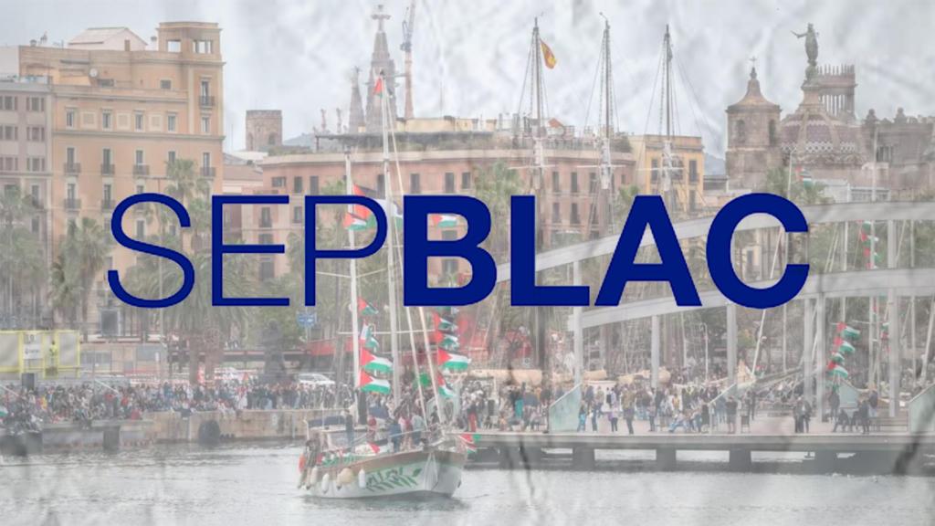Un montaje con una imagen de la Global Sumud Flotilla en el Puerto de Barcelona de fondo y el logo de Sepblac