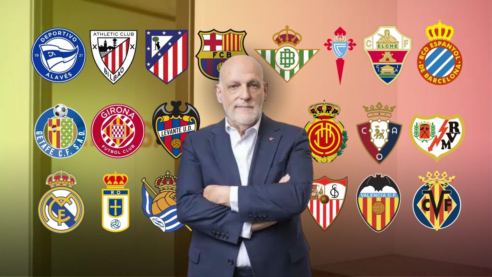 Javier Tebas, en un fotomontaje con los 20 clubes de la Liga