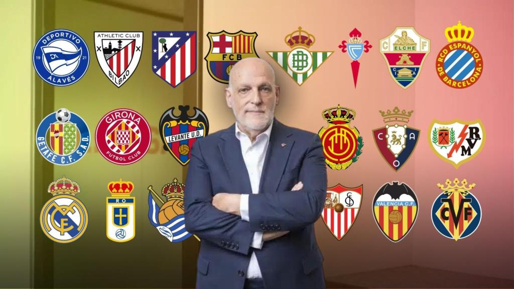 Javier Tebas, en un fotomontaje con los 20 clubes de la Liga