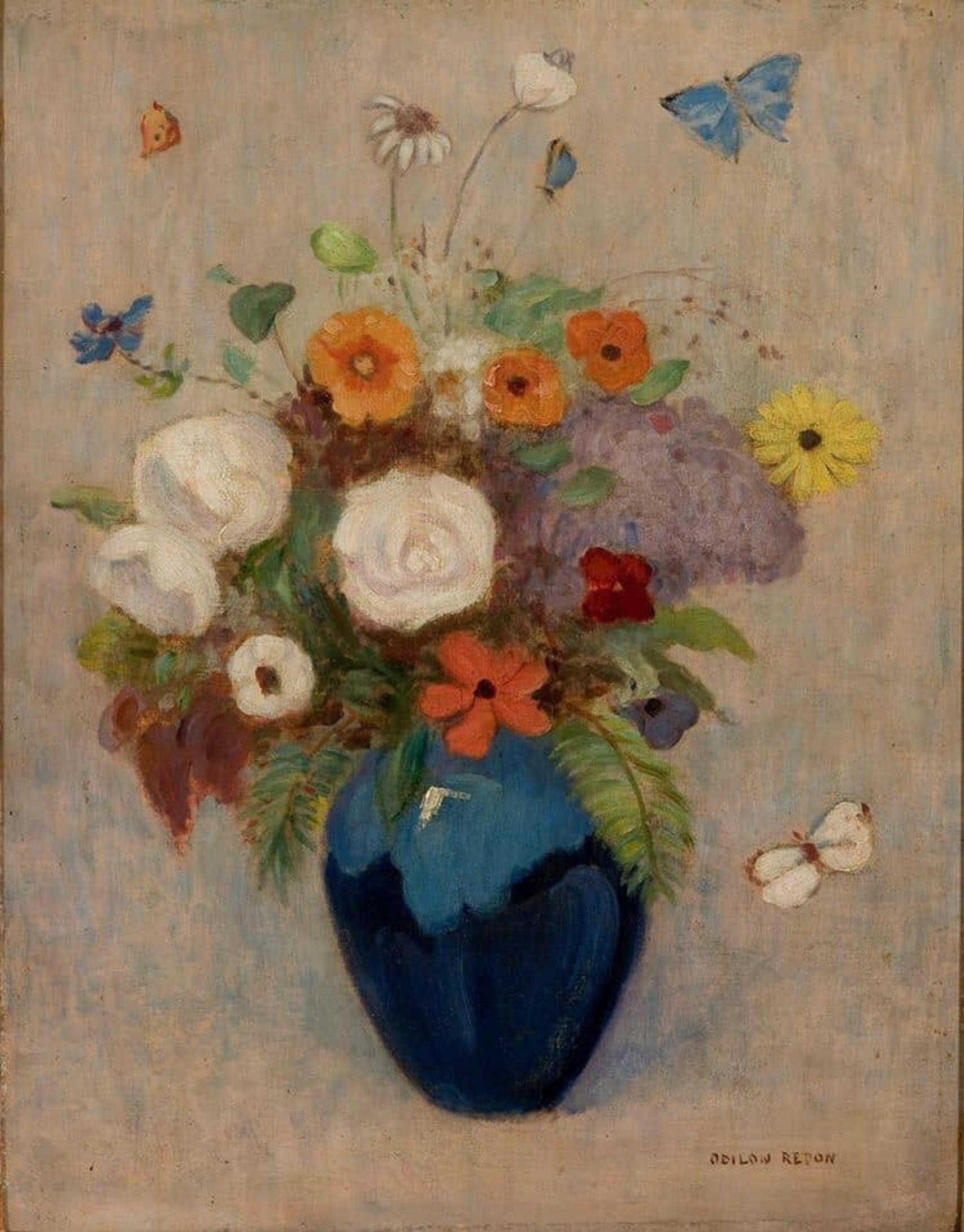 Geranis i altres flors en un gerro de gres, d'Odilon Redon