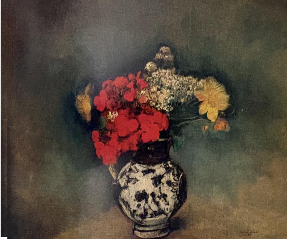 Geranis i altres flors en un gerro de gres, d'Odilon Redon