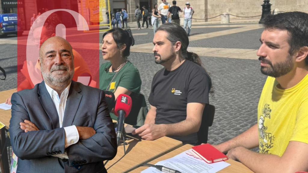 Fotomontaje con representantes de los sindicatos Ustec, Aspepc, CGT e Intersindical en la plaza de Sant Jaume de Barcelona (archivo)