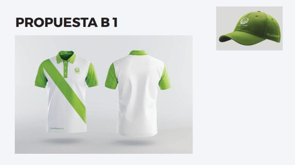 Modelo de camiseta y gorra que utilizarán los voluntarios de los puestos de información durante la visita del Papa a Barcelona