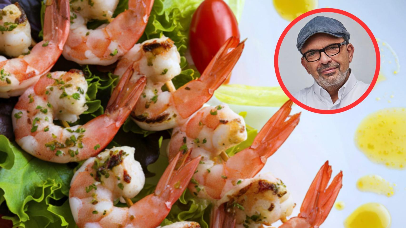 Jesús Sánchez y brocheta de langostinos