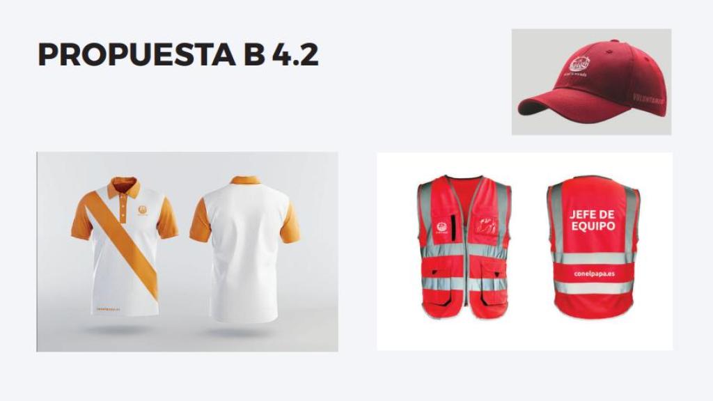 Model de samarreta, gorra i armilla que utilitzaran els voluntaris dels punts d'informació durant la visita del Papa a Barcelona