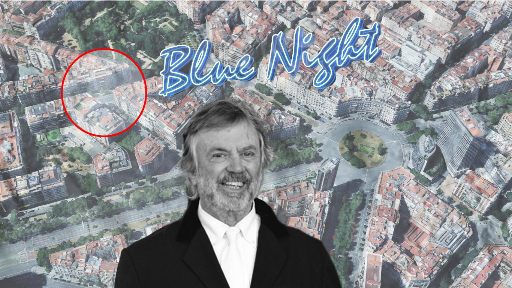 La esquina de Turó Park en la que irá el 'dinner show', Ramon Catalán y el logo del Blue Night