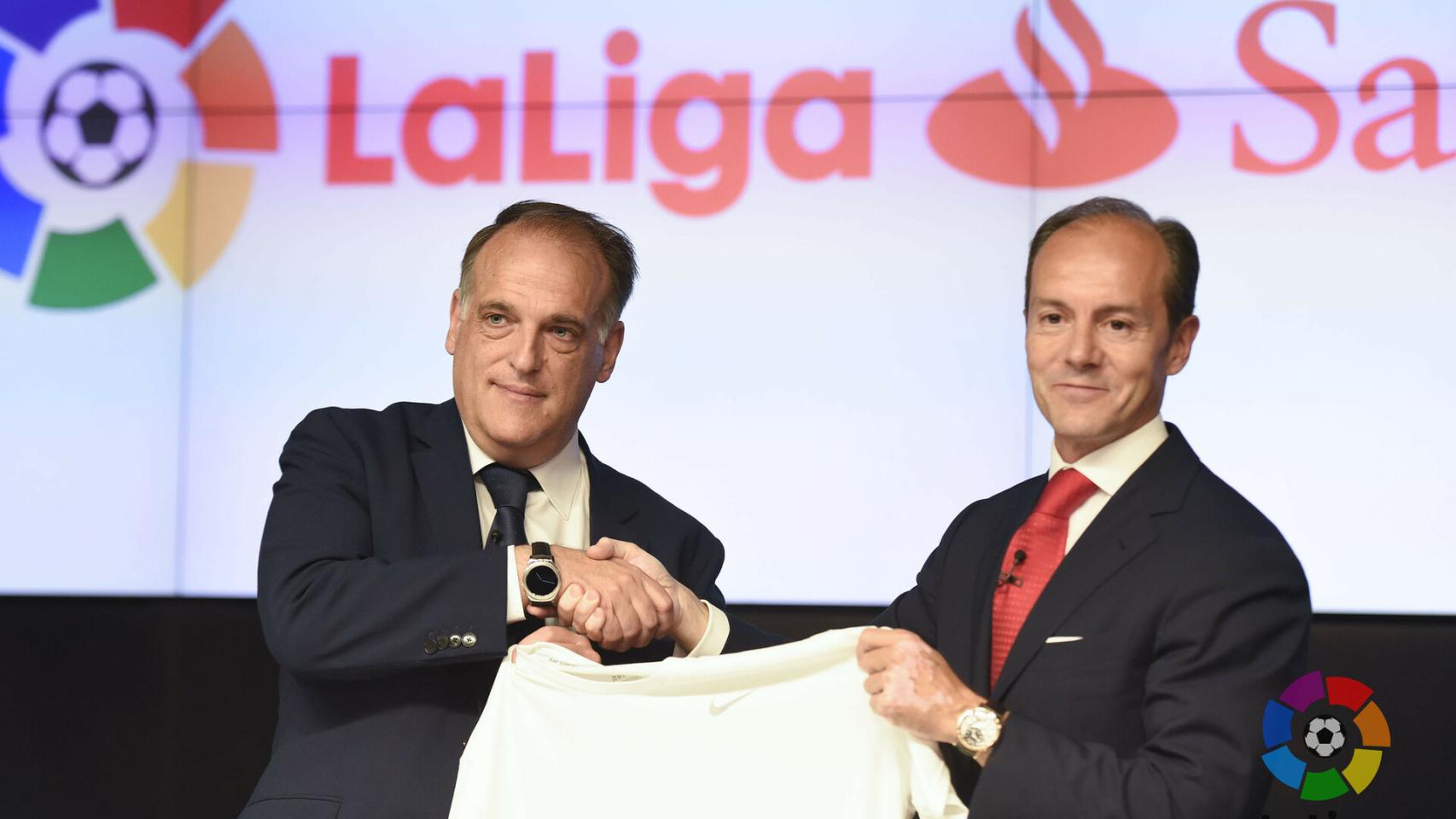 Javier Tebas, en la presentación del acuerdo entre la Liga y Banco Santander