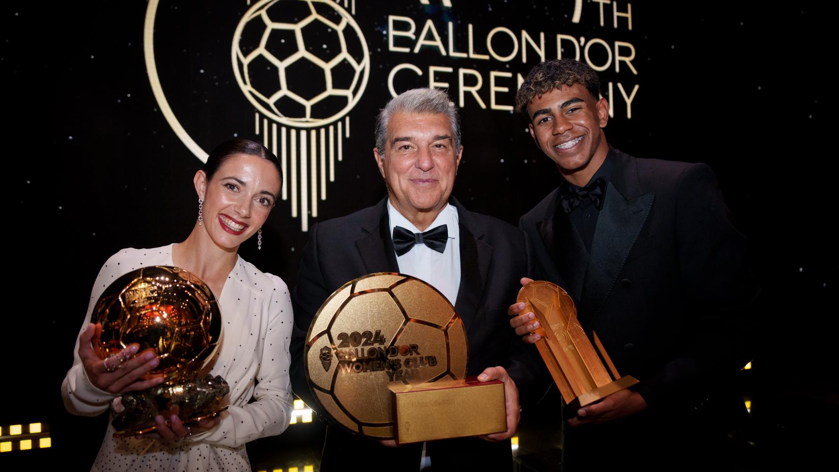Aitana Bonmatí, Joan Laporta y Lamine Yamal, en la gala del Balón de Oro 2024