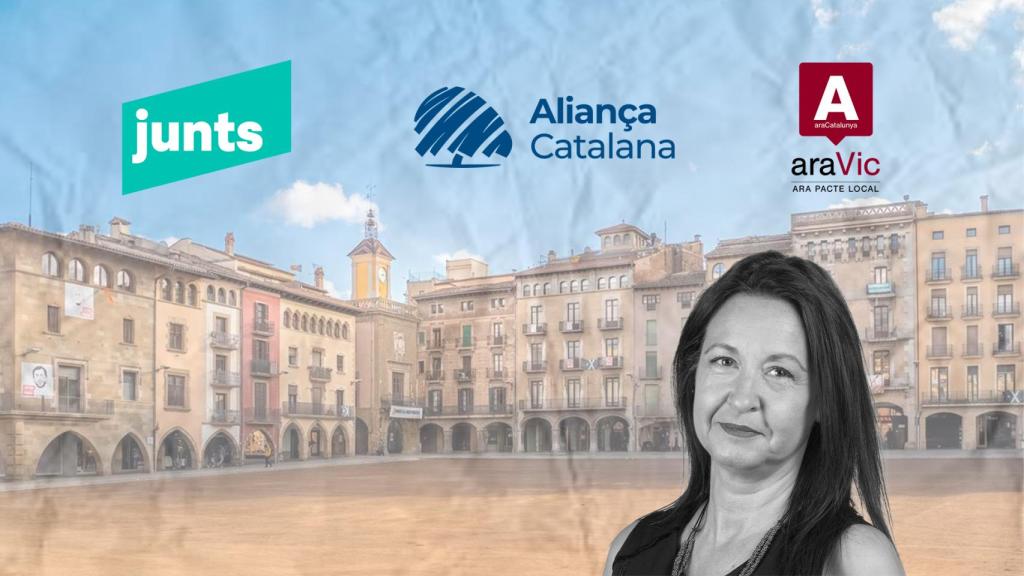 Fotomontaje de Elisenda Carrera en la plaza mayor de Vic, con los logos de Junts, Aliança Catalana y Ara Pacte Local