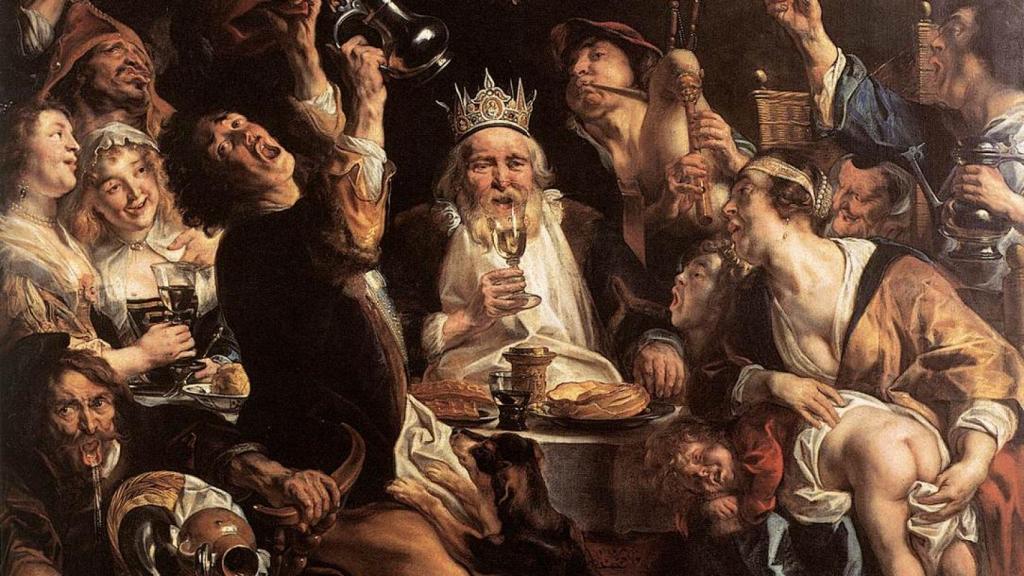 El lienzo ‘El rey bebe’, ejecutado por el pintor flamenco Jacob Jordaens hacia 1640, hoy en los Museos Reales de Bélgica. 