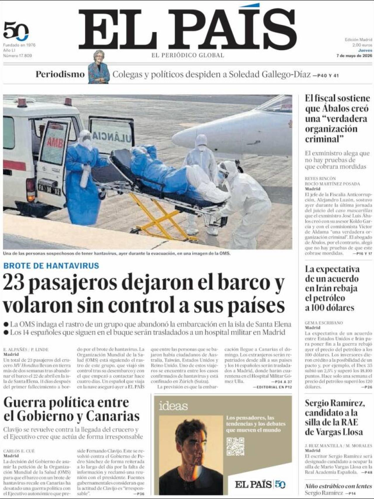 Portada de 'El País' el 7 de maig