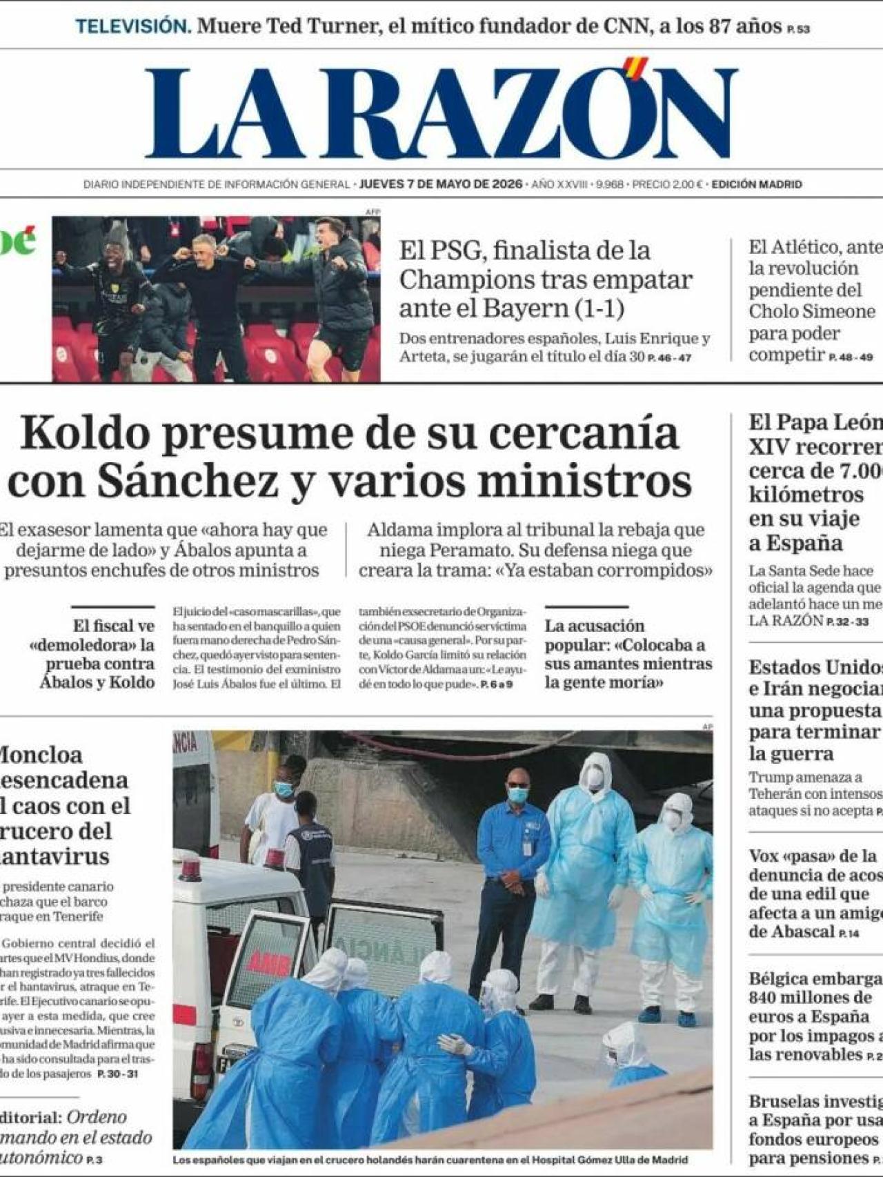 Portada de 'La Razón' el 7 de maig