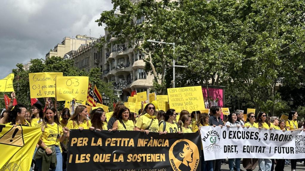 Imagen de la manifestación de los profesores de guardería, este jueves en Barcelona