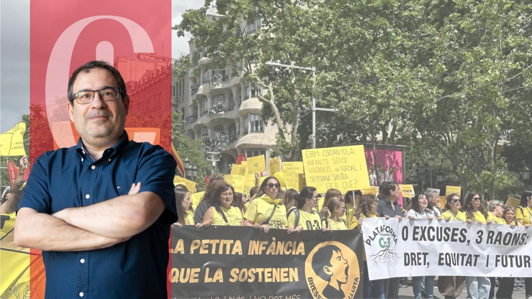 Alejandro Tercero y una imagen de a manifestación de profesores en Cataluña