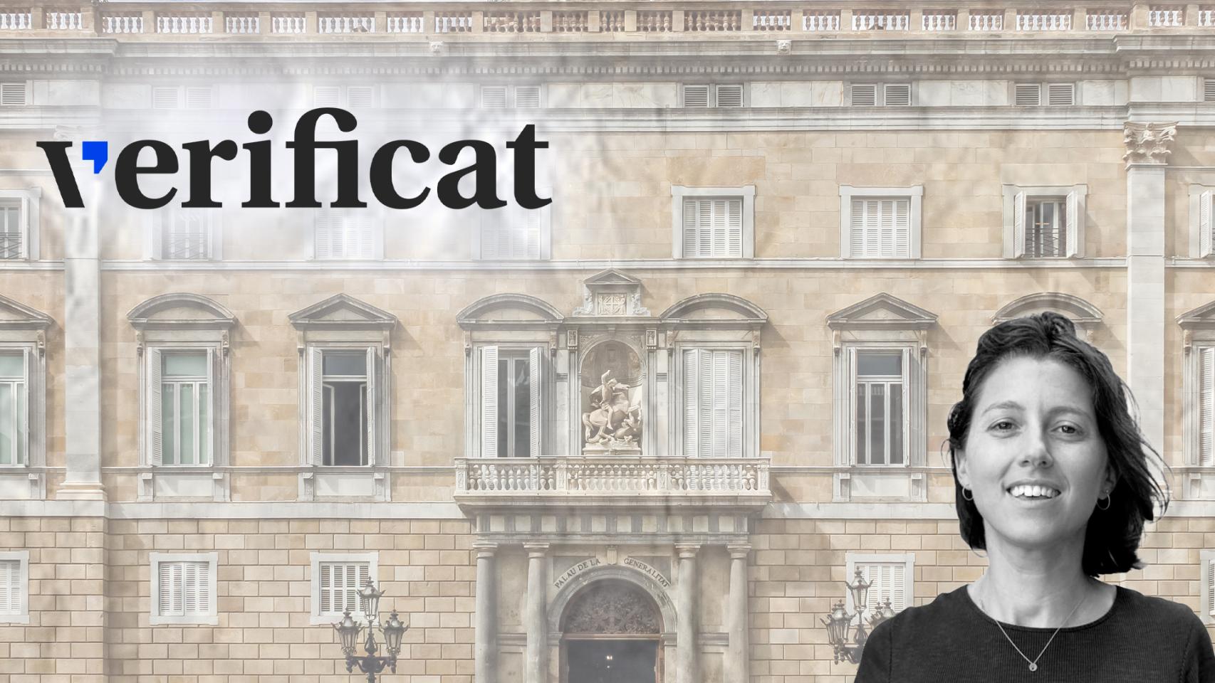 Fotomontaje de Alba Tubella, fundadora de Verificat, con el Palau de la Generalitat de fondo