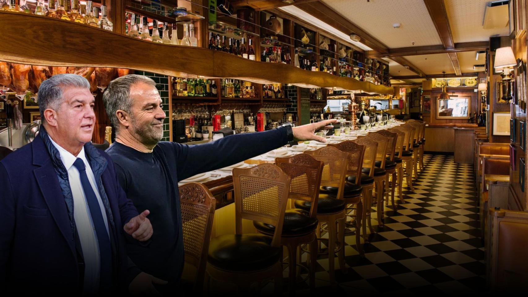 Joan Laporta y Hansi Flick en un montaje sobre una de las salas del restaurante Botafumeiro