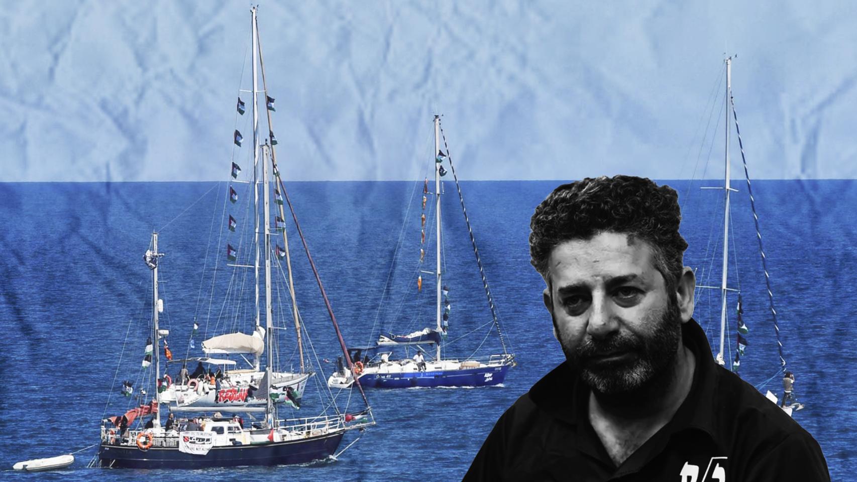 Un montaje de Saif Abukeshek con una imagen de las embarcaciones de la Global Sumud Flotilla de fondo