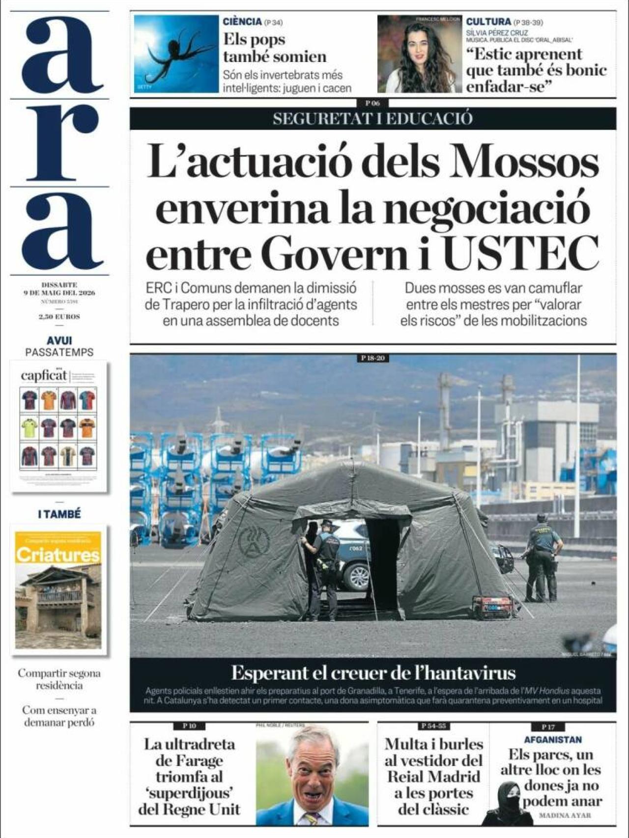 Portada d''Ara' el 9 de maig