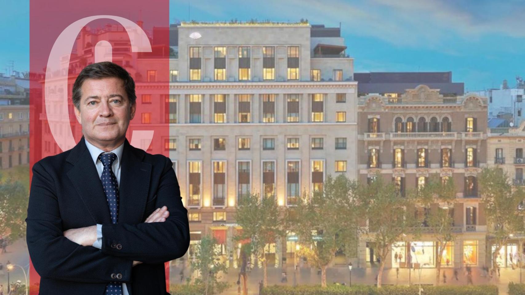 Un montaje con una foto de Gonzalo Baratech y de fondo el Hotel Mandarin Oriental, en Barcelona