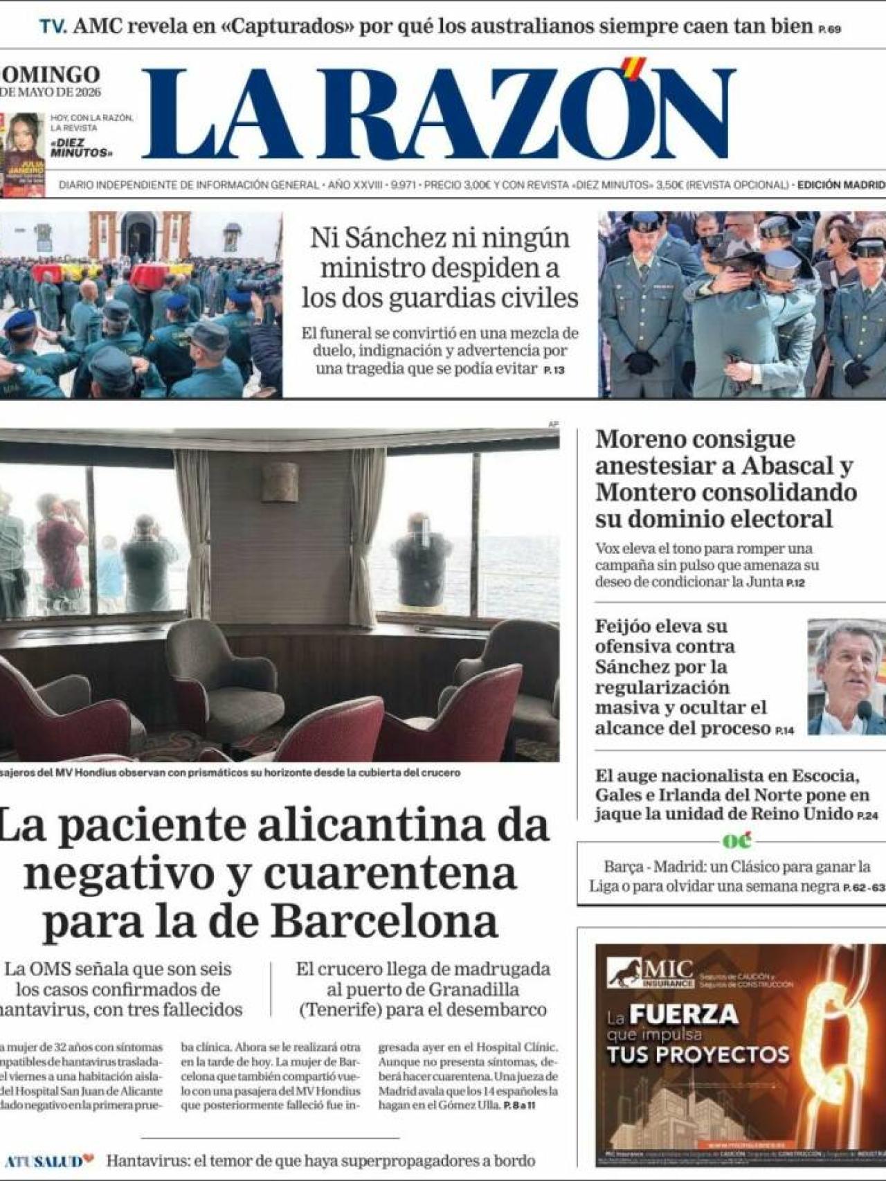 Portada de 'La Razón' el 10 de maig